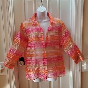 Kim Rogers Multicolor Striped Sheer Button Down Shirt With 3/4 Length Sleeves.